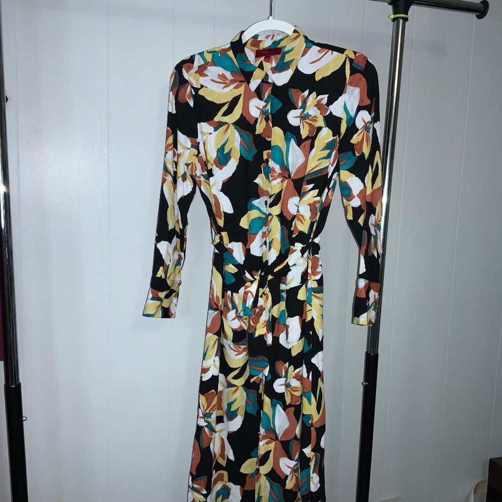 Jennifer Lopez botanical midi shirtdress sz M front button pocket tie sash
